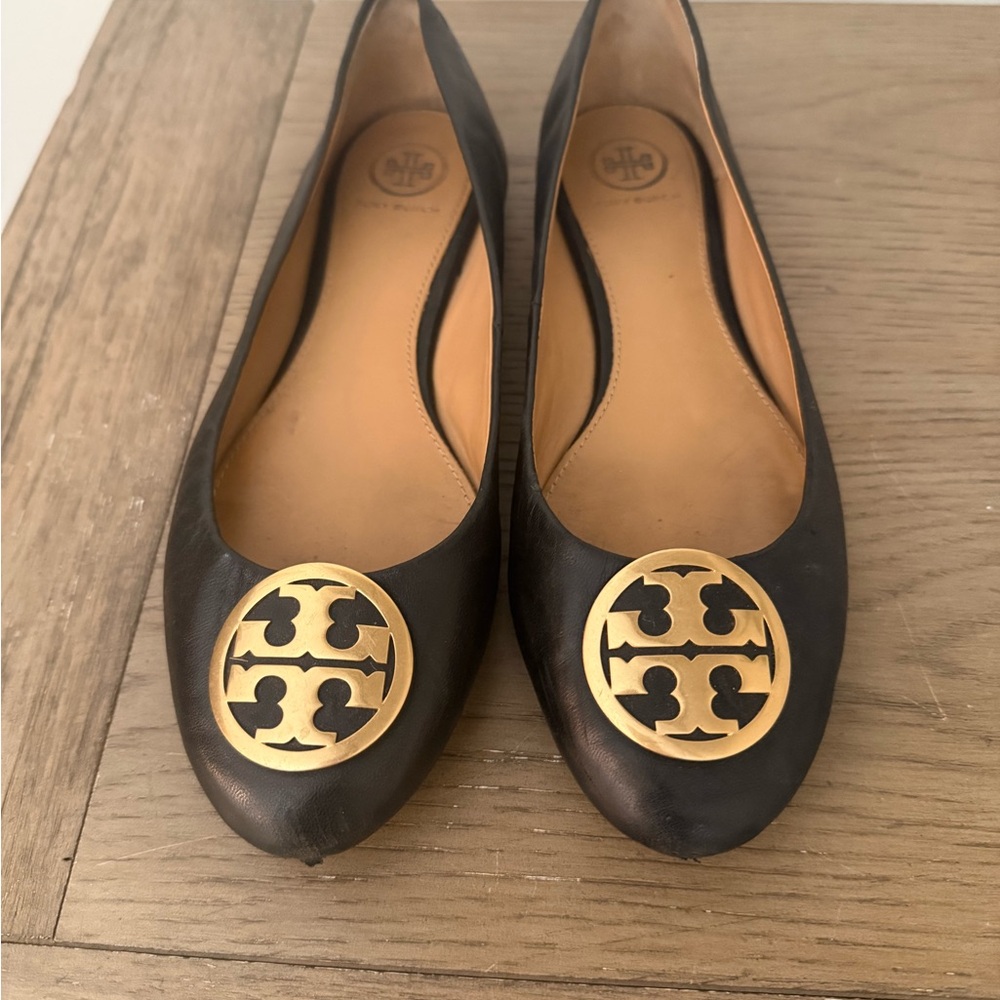 Tory Burch Black Flats with Gold Logo